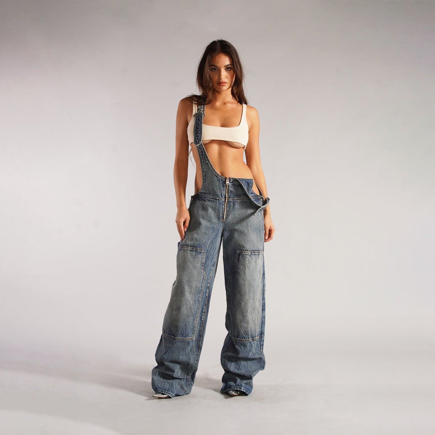 Cozy Zipper Denim Overalls With Pockets, Loose Suspender Jumpsuit Streetwear